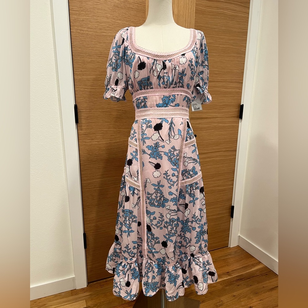 Self-Portrait Pink Floral Midi Dress with Blue Floral Print and Black Accents - Picture 3 of 8